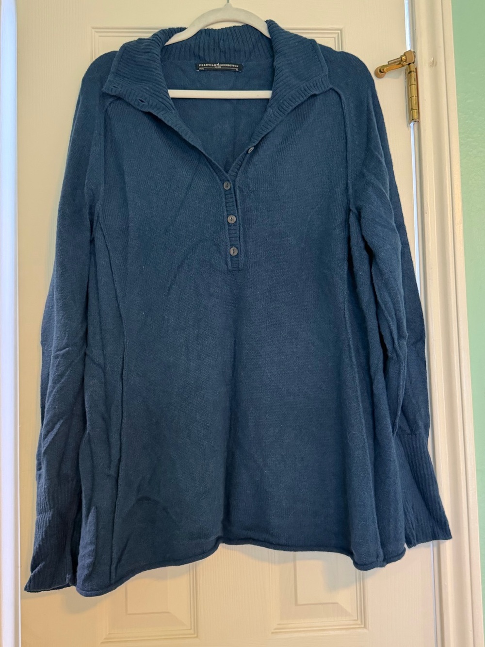 Peruvian Connection Teal Blue Button-Front Knit Pullover